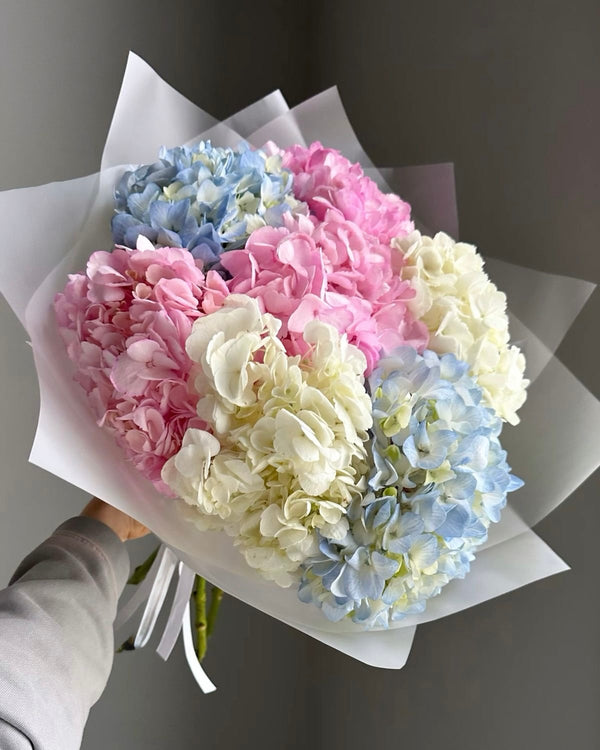 Colorful hydrangea fresh mix bouquet in pink, blue and purple wrapping — Flowers Station Winnipeg