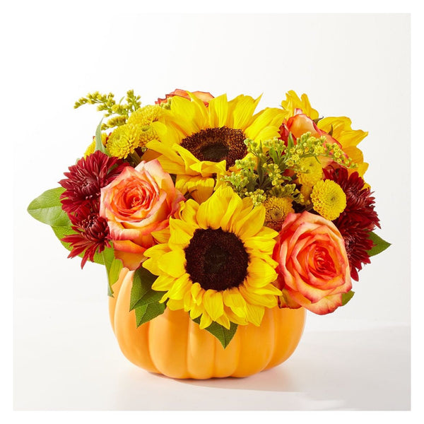 Golden Gourd Pumpkin Bouquet — sunflowers, orange roses and burgundy chrysanthemums in a pumpkin-shaped vase — Flowers Station Winnipeg