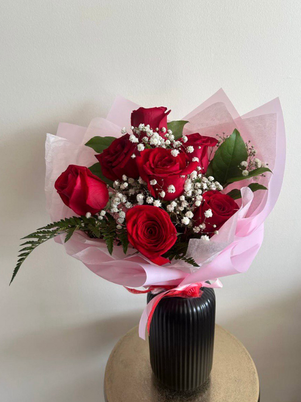 Golden Harmony rose bouquet with red white pink roses greens and babys breath - Flowers Station Winnipeg