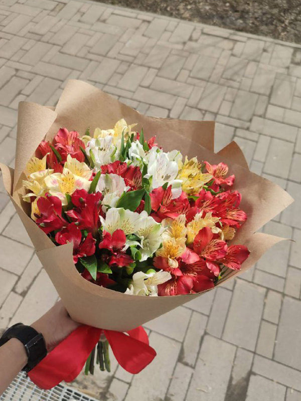 Alstroemeria mix bouquet red yellow and white Peruvian lilies in kraft paper - Flowers Station Winnipeg