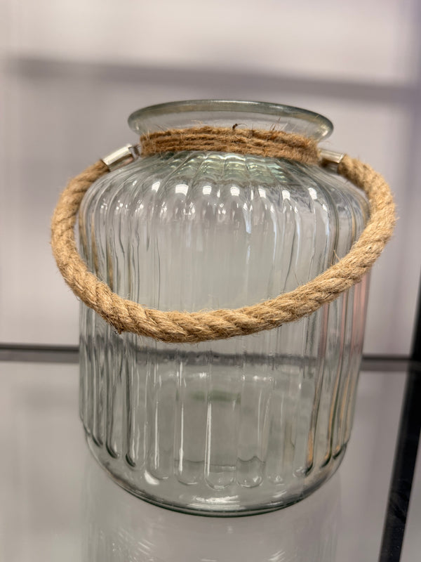 Rustic Ribbed Glass Lantern Vase with Rope Handle