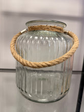 Rustic Ribbed Glass Lantern Vase with Rope Handle
