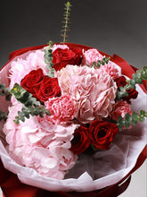 Power of Love bouquet pink hydrangeas red roses and eucalyptus - Flowers Station Winnipeg