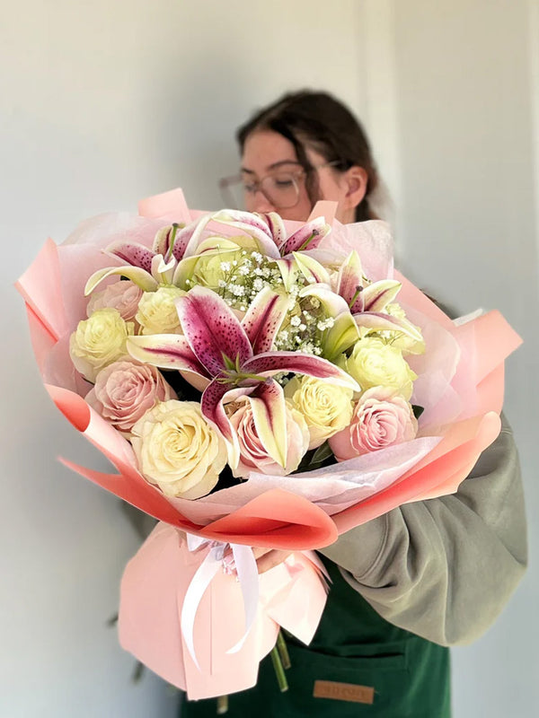 Fresh roses and lilies mixed bouquet hand-tied - Flowers Station Winnipeg