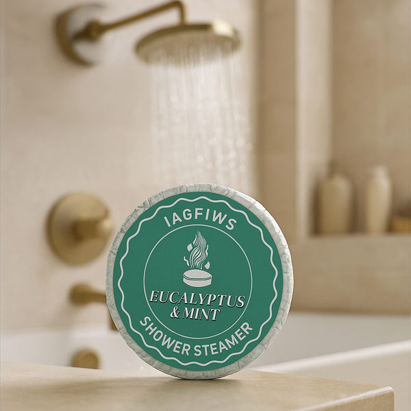 Eucalyptus and mint shower steamer tablet in round packaging — Flowers Station Winnipeg
