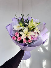 Lavender Morning bouquet pastel lilies and pink roses in lavender wrapping - Flowers Station Winnipeg