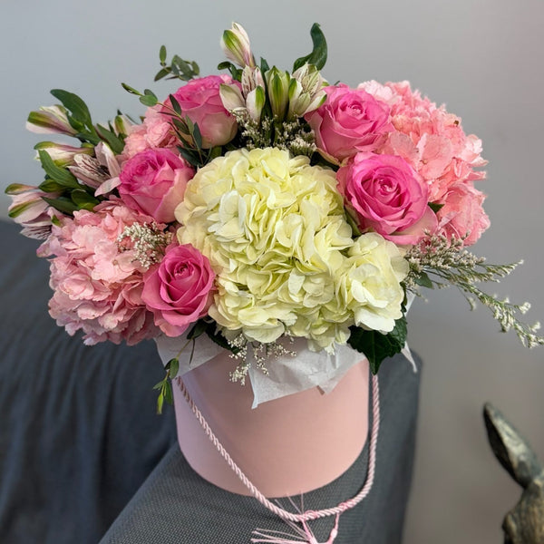 Pink roses, pink and white hydrangeas and alstroemeria in a pink hat box — Flowers Station Winnipeg