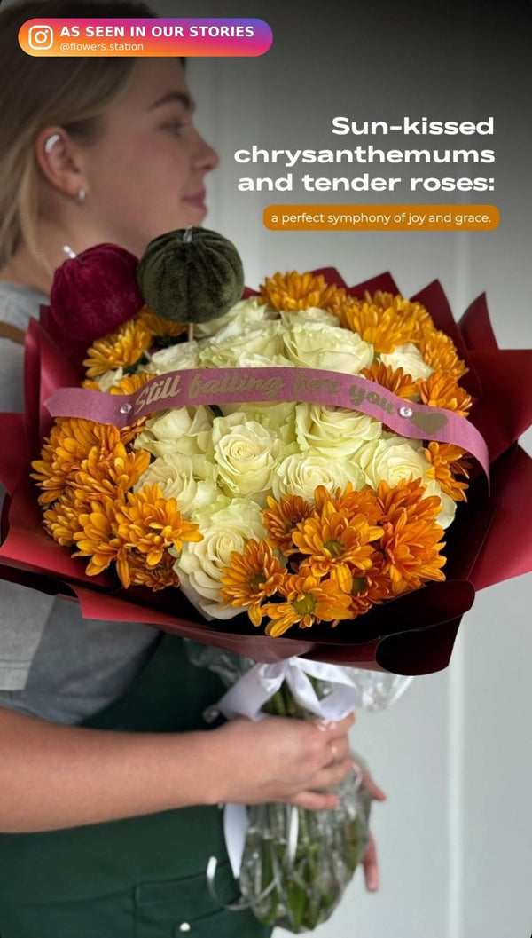 Orange spray chrysanthemums and white roses in burgundy wrap with velvet pumpkin accents — Flowers Station Winnipeg